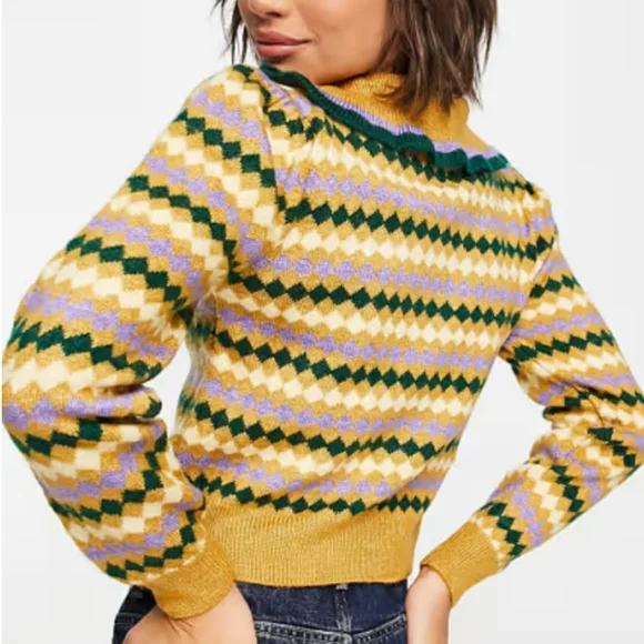 Mango Retro Stripes Acrylic Knit With Collar Ruffle Detail Pullover Sweater NWOT - Picture 5 of 11